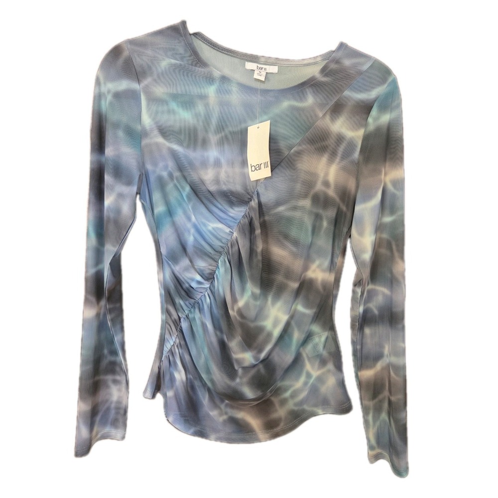 Bar III Blue and Gray Abstract Ruched Long Sleeve Blouse